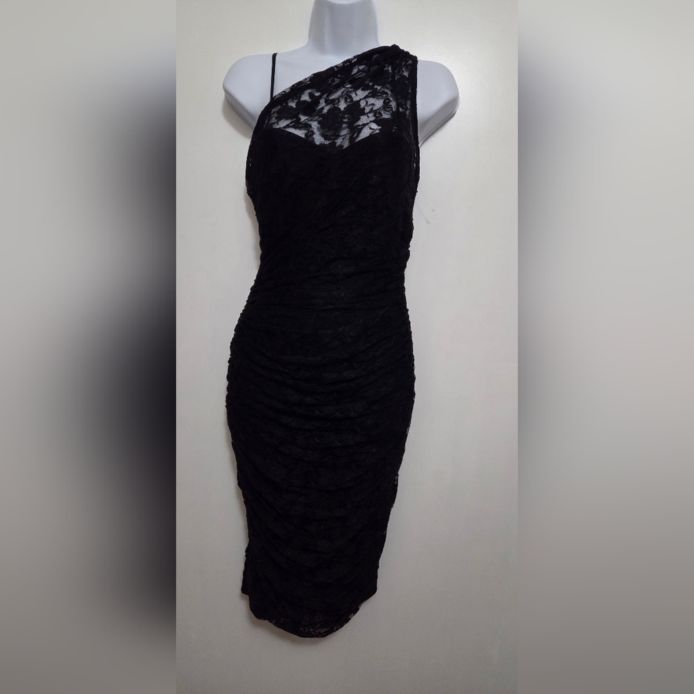 London Times Black Lace One-Shoulder Dress Size 8